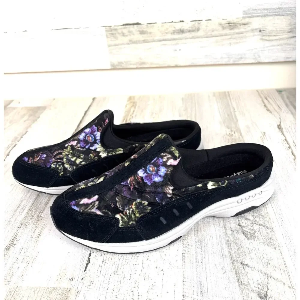 Easy Spirit Womens 10 Black Purple Floral Travel Time Slip On Sneakers NEW
